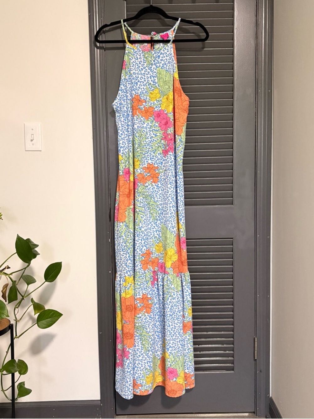 Caroline Hill Tropical Halter Maxi Dress - Blue/Orange/Pink